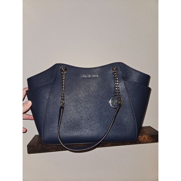 Michael Kors Jet Set Travel Large Chain Shoulder Tote Navy - Picture 2 of 5